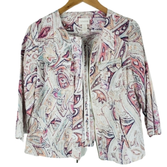 Chico's linen Paisley zippered 3/4 sleeve jacket - Picture 1 of 7